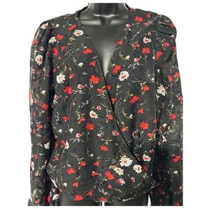Lulus Floral Black Sheer Long Sleeve Wrap Blouse Party Career Top M